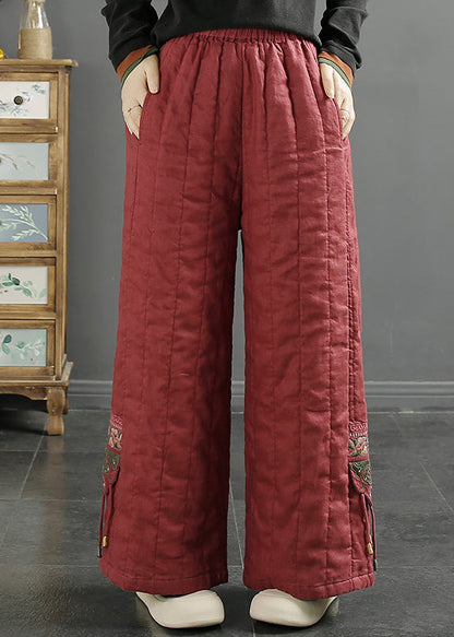 Red Embroideried Pockets Fine Cotton Filled Wide Leg Pants Winter