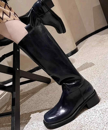 Brown High Boots Chunky Heel Faux Leather Splicing