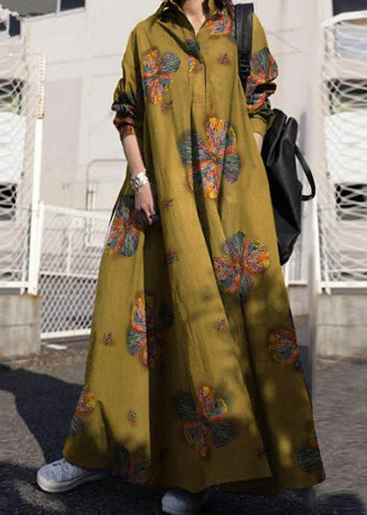 Retro Print Lapel Loose Long Sleeve Maxi Shirt Dress With Pocket