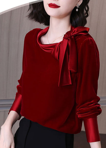 Art Red O-neck Velour Tops Long Sleeve