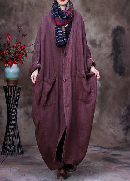 Chocolate Linen Trench Coat V Neck Handmade Long Sleeve Fall