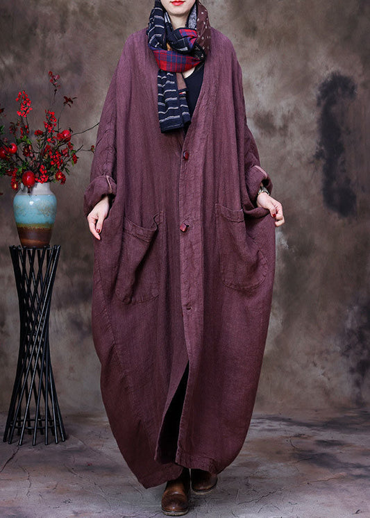 Chocolate Linen Trench Coat V Neck Handmade Long Sleeve Fall