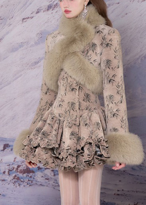 Khaki Fur Collar Print Coats and Mid Dress Two-piece Set Winter