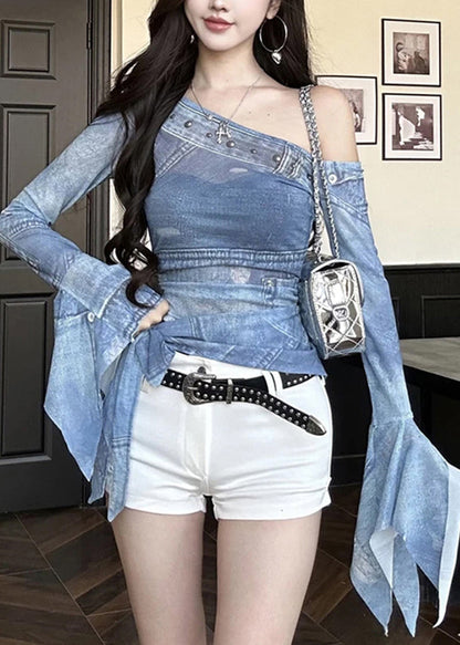 New Off Shoulder Tulle Irregular Printed T-shirt Flare Sleeve