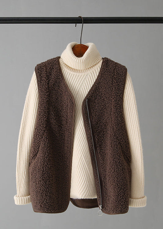 Coffee V Neck Zippered Faux Fur Waistcoat Fall