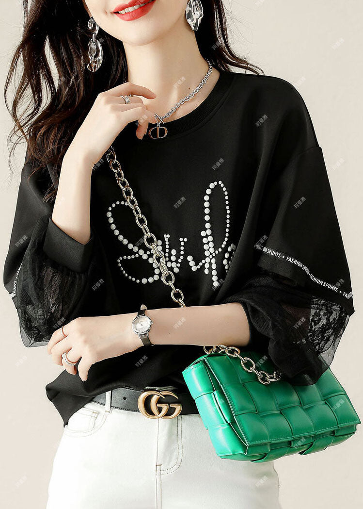 Black Tulle Print Cotton Loose Sweatshirt Spring