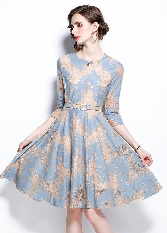 French Light Blue O-neck Embroideried Lace Cinch Dresses Bracelet Sleeve