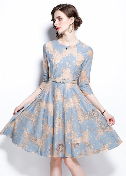 French Light Blue O-neck Embroideried Lace Cinch Dresses Bracelet Sleeve