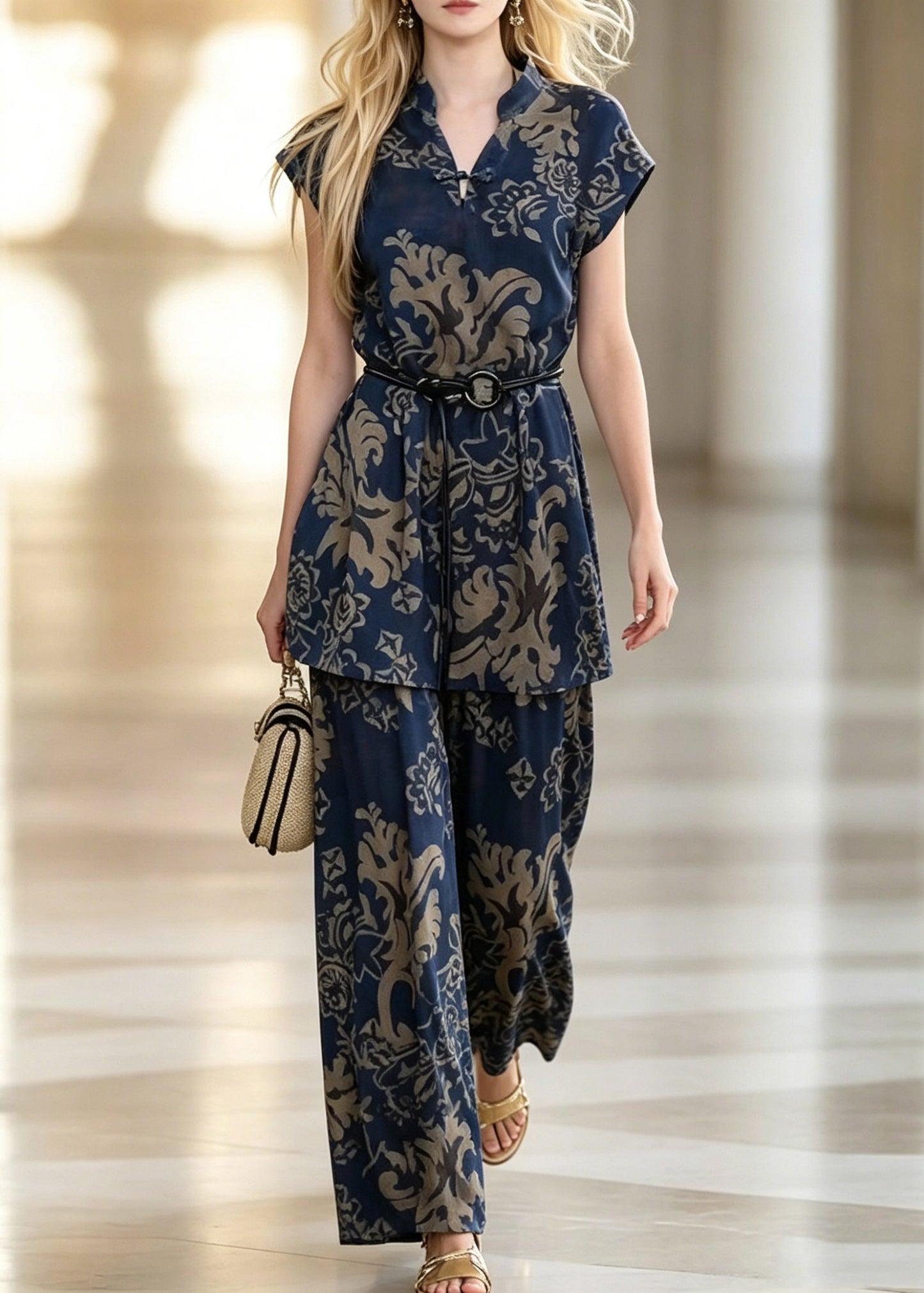 Blue V Neck Print Shirt and Wide Leg Pants Two Piece Set Summer
