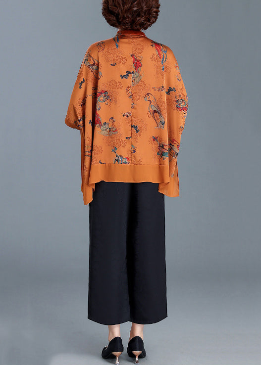 Yellow Stand Collar Button Patchwork Silk Two Pieces Set Half Sleeve