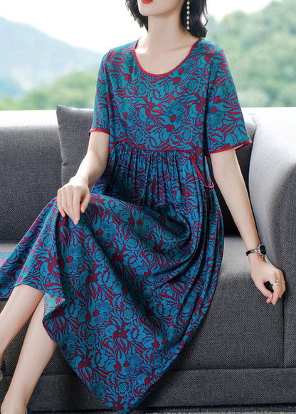 Blue O-neck Wrinkled Print Silk Long Dress Short Sleeve