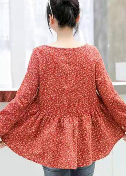 Retro Red Print Patchwork Cotton Top Long Sleeve