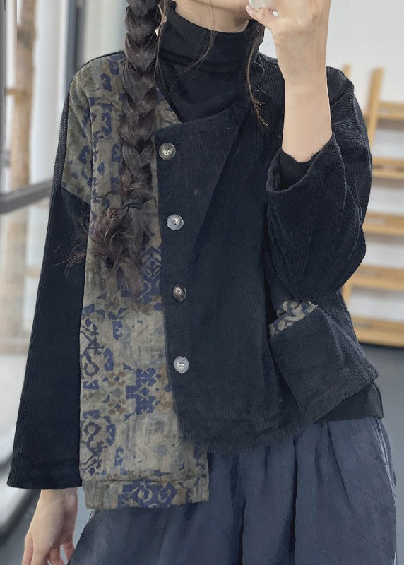 Black Print Asymmetrical Corduroy Fine Cotton Filled Jacket Winter
