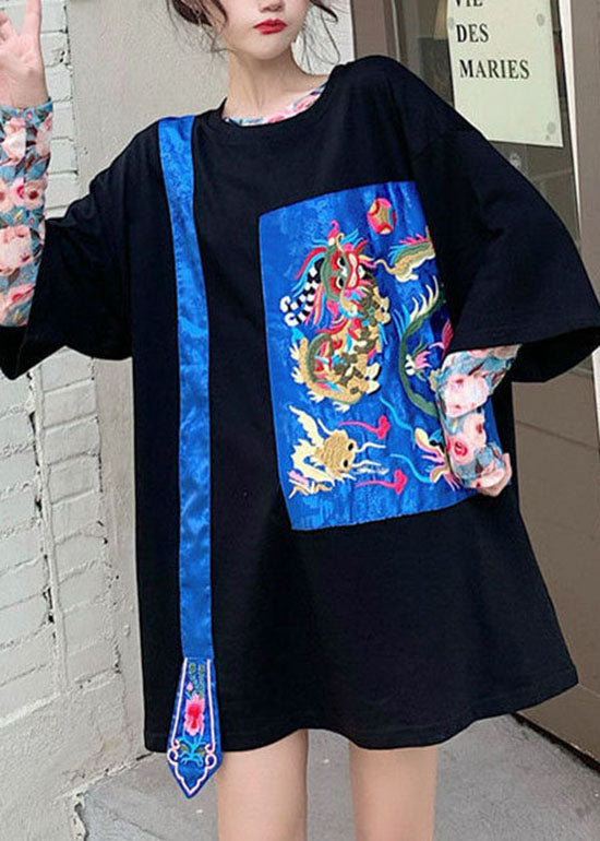 Black O-neck Embroideried Tops Half Sleeve