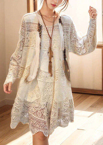 French Beige Hollow Out Lace Mid Dress Spring