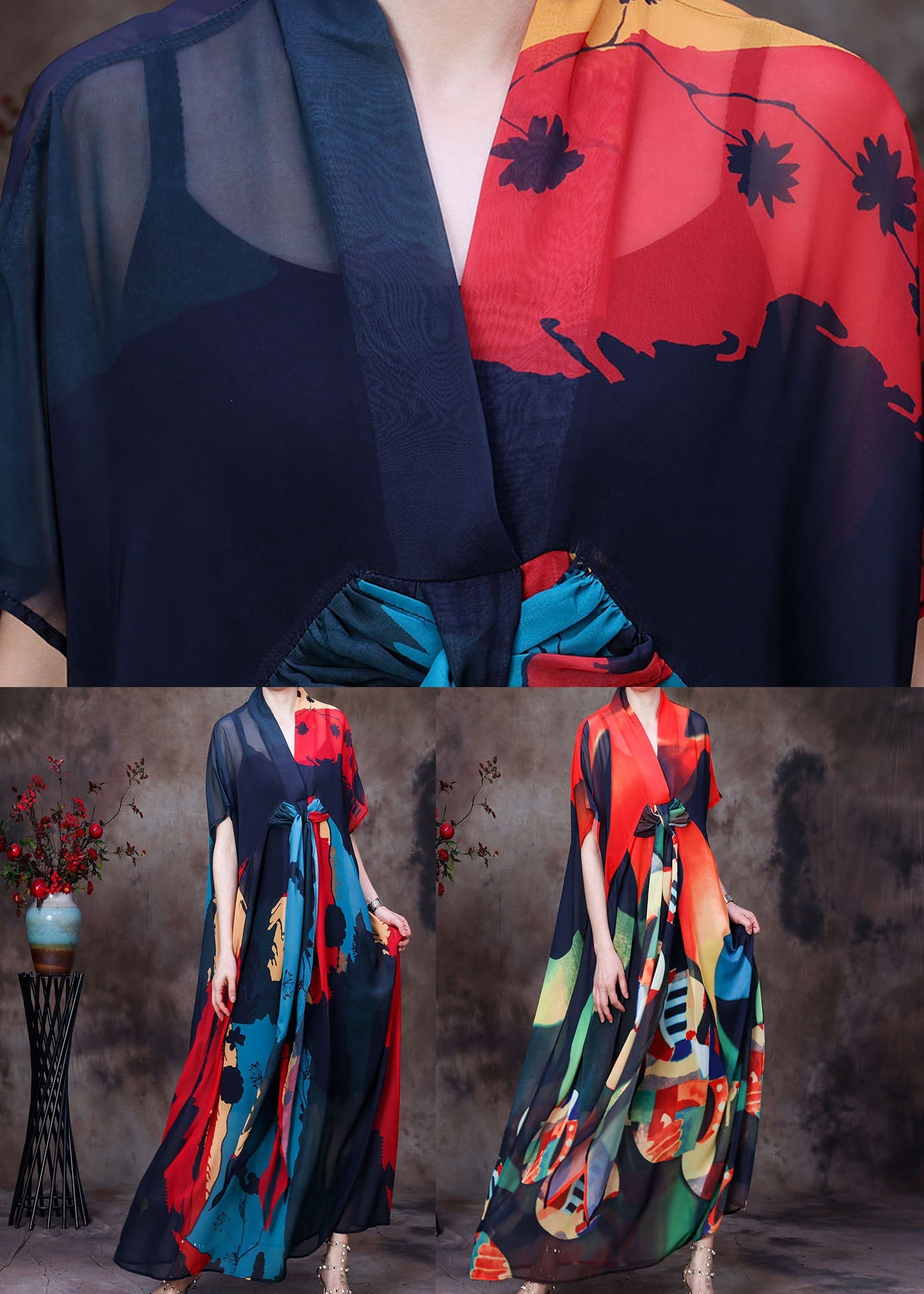 Blue V Neck Print Chiffon Beach Dresses Short Sleeve