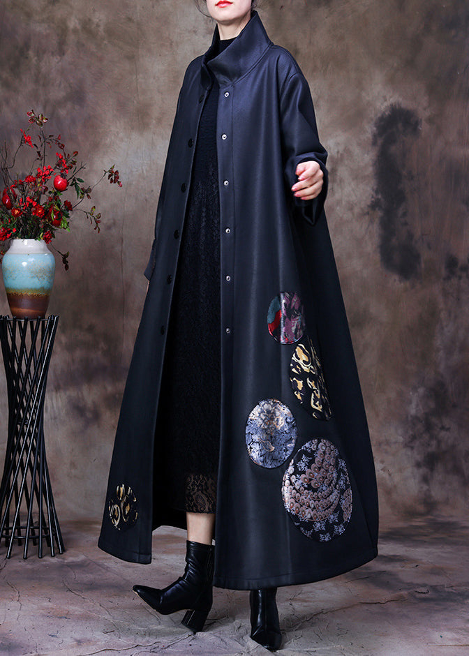 Organic Black Stand Collar Embroideried Button Silk Trench Coats Long Sleeve
