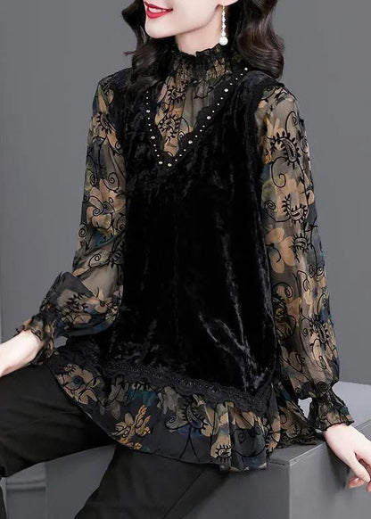 Black Ruffled Print Patchwork Silk Velour Tops Fall
