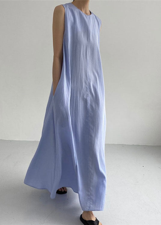 Blue O Neck Pockets Patchwork Cotton Dress Sleeveless