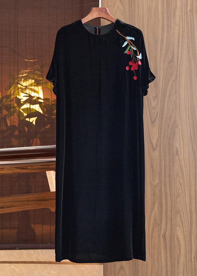 Loose Black O Neck Print Silk Velour Dresses Fall