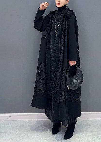 Black Pockets Hollow Out Maxi Hooded Trench Coats Long Sleeve Fall