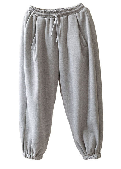 Grey Tie Waist Pockets Harem Fall Pants Cotton