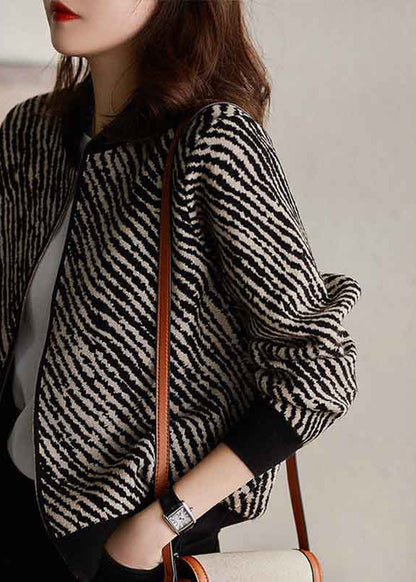 Black O-neck Zippered Striped Knit Coat Long Sleeve