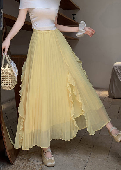 New Yellow Wrinkled Side Open Elastic Waist Skirts