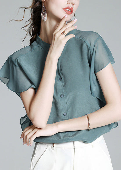 Brief Haze Blue Stand Collar Button Silk Shirt Short Sleeve