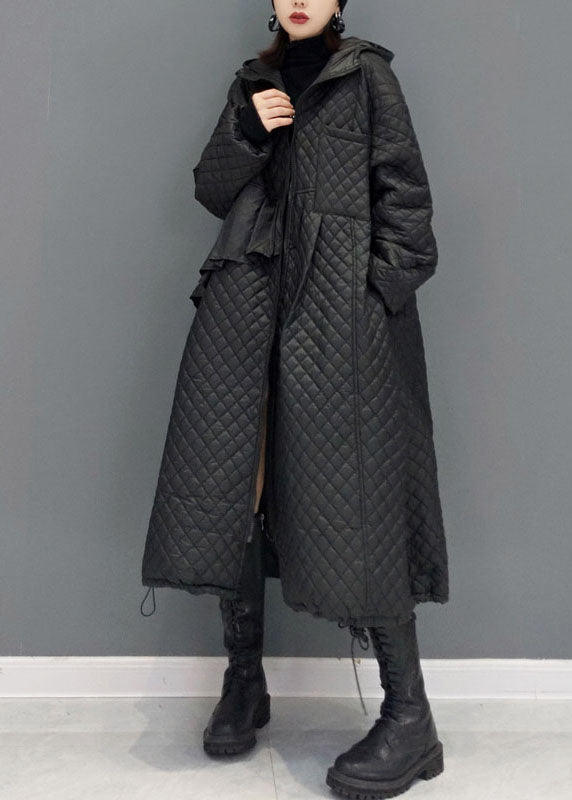 Black Hooded Pockets Fine Cotton Filled Witner Coat Winter