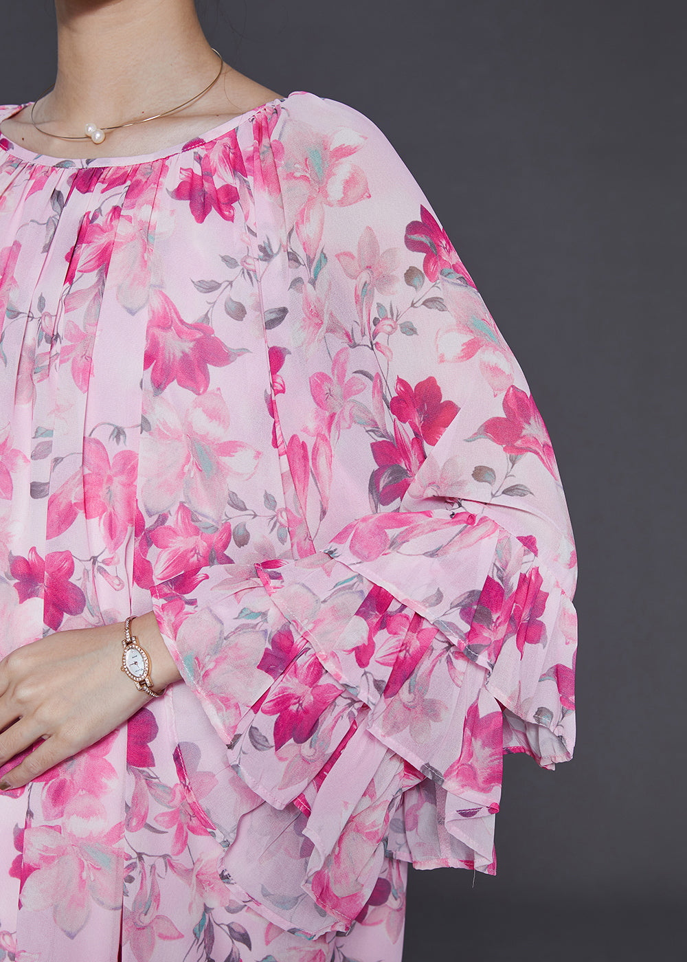 Pink Oversized Print Chiffon Shirt Top Flare Sleeve