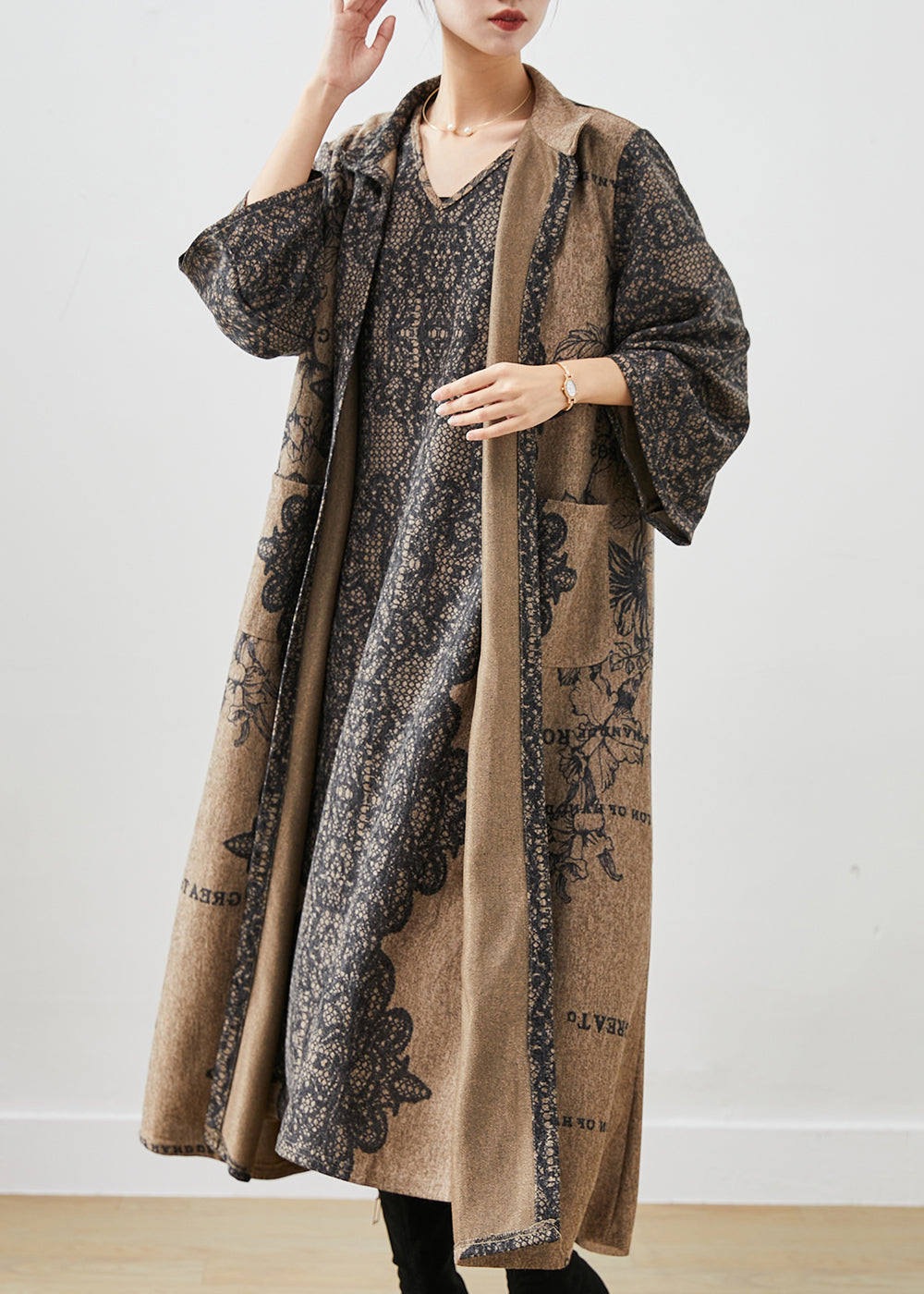 Khaki Oversized Print Cotton Two Piece Set Winter