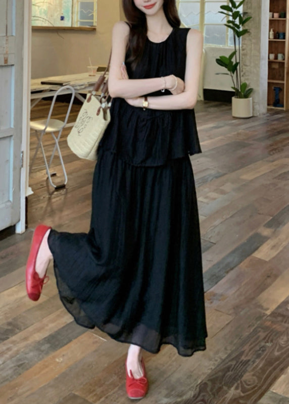 Black O-neck Patchwork Fake Two Pieces Silk Cotton Maxi Dress Sleeveless