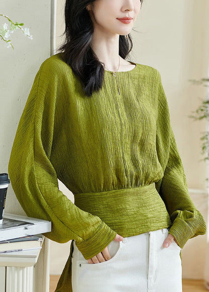 Green O-neck Patchwork Bow Top Lantern Sleeve