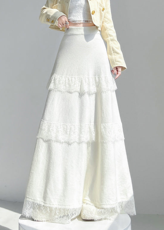 Apricot Lace Patchwork Knit Skirt Elastic Waist