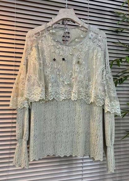 White O Neck Ruffled Zircon Lace Top Fall