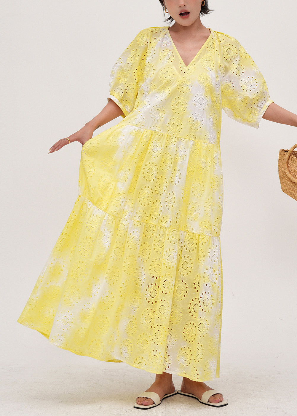 Yellow Tie Dye Hollow Out Cotton Holiday Dress Summer
