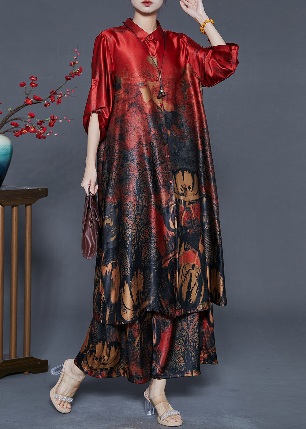 Red Oversized Print Silk Two Piece Set Outfits Fall