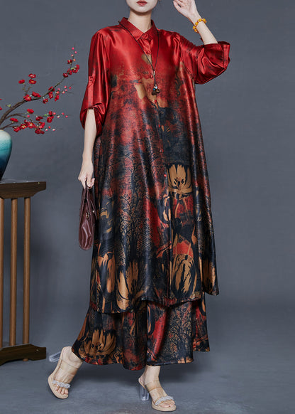 Red Oversized Print Silk Two Piece Set Outfits Fall