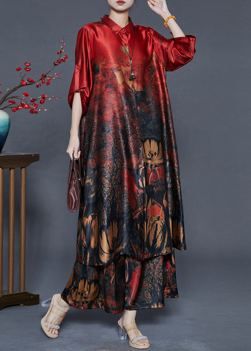 Red Oversized Print Silk Two Piece Set Outfits Fall