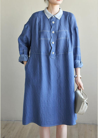French Blue Long Sleeve Patchwork Button Dress Spring