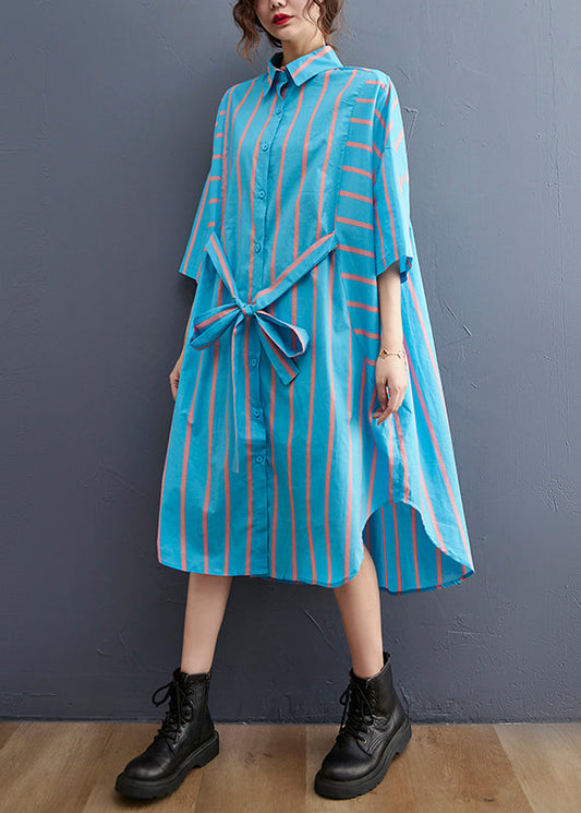 Blue Striped Peter Pan Collar Button Tie Waist Shirt Dress Half Sleeve