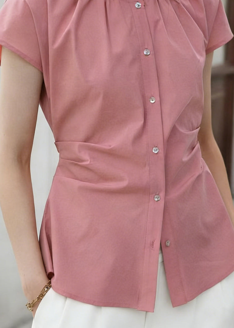 Pink O Neck Wrinkled Cotton Shirt Tops Summer
