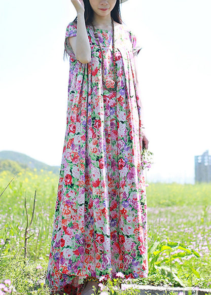 O-neck Wrinkled Print Long Dress Short Sleeve