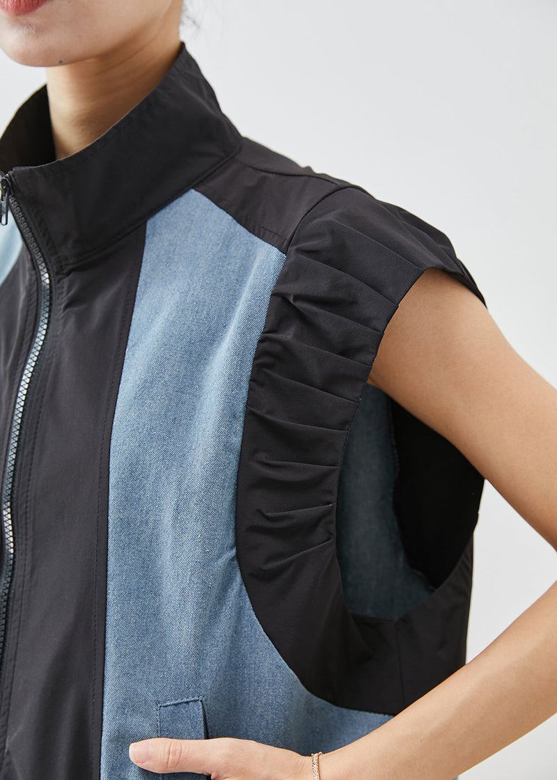 Black Oversized Patchwork Denim Cotton Vests Fall