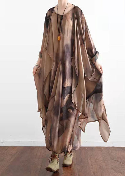 Khaki Asymmetrical Print Silk Cardigans and Dress Two Piece Suit Set Summer