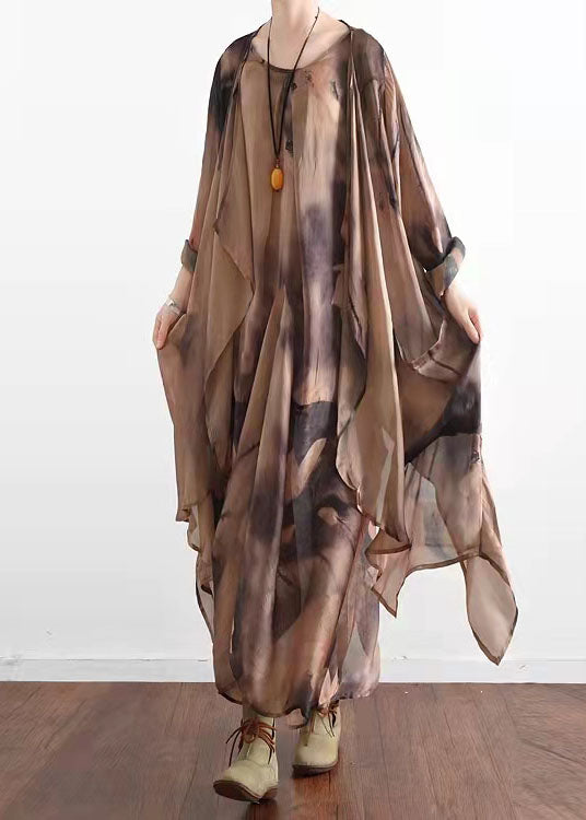 Khaki Asymmetrical Print Silk Cardigans and Dress Two Piece Suit Set Summer