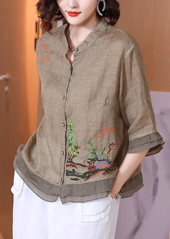 Pink Stand Collar Embroideried Button Linen Shirt Half Sleeve