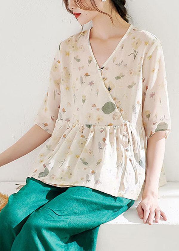 Classy Apricot Print Button Summer Ramie Half Sleeve