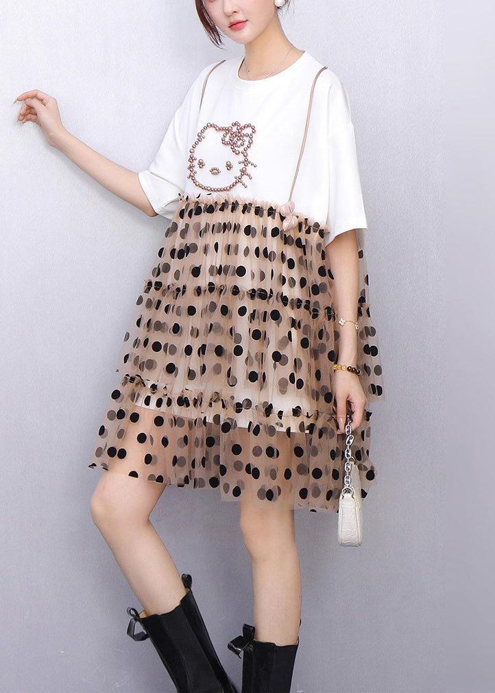 White Ruffled Dot Patchwork Cotton Mid Dress Summer
